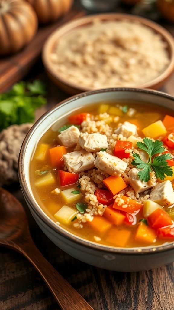 A hearty bowl of quinoa chicken vegetable soup with colorful vegetables and chicken, garnished with parsley, on a rustic table.
